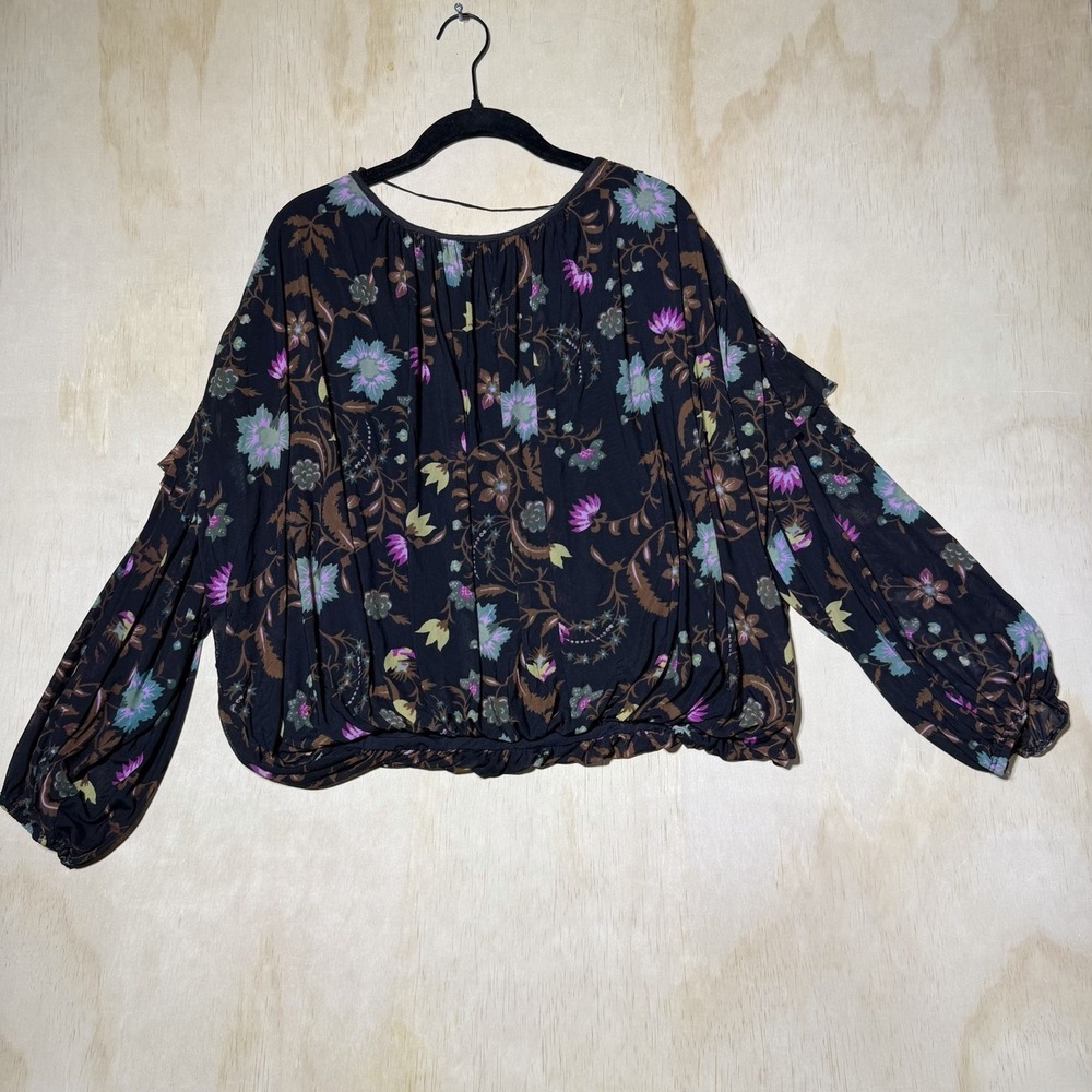 Free People Women's XS Floral Peasant Blouse Black Boho Balloon Sleeve Top